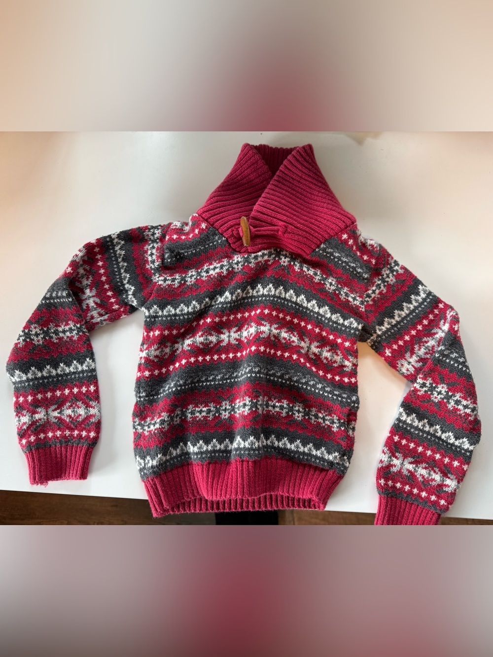 Rorie Whelan Fair Isle Knit Toggle Collar Sweater - Red & Gray